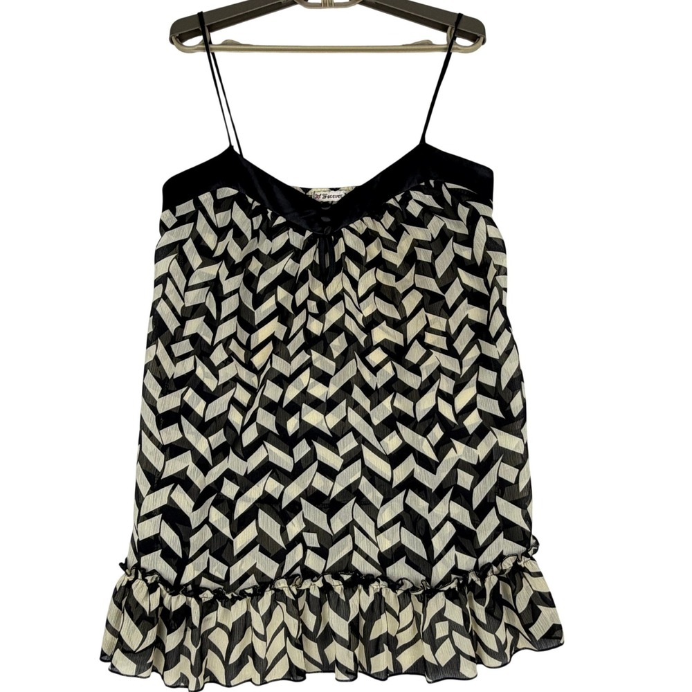 Forever Camisole Top Women M Black Cream Geometric Ruffle Chiffon Made in USA